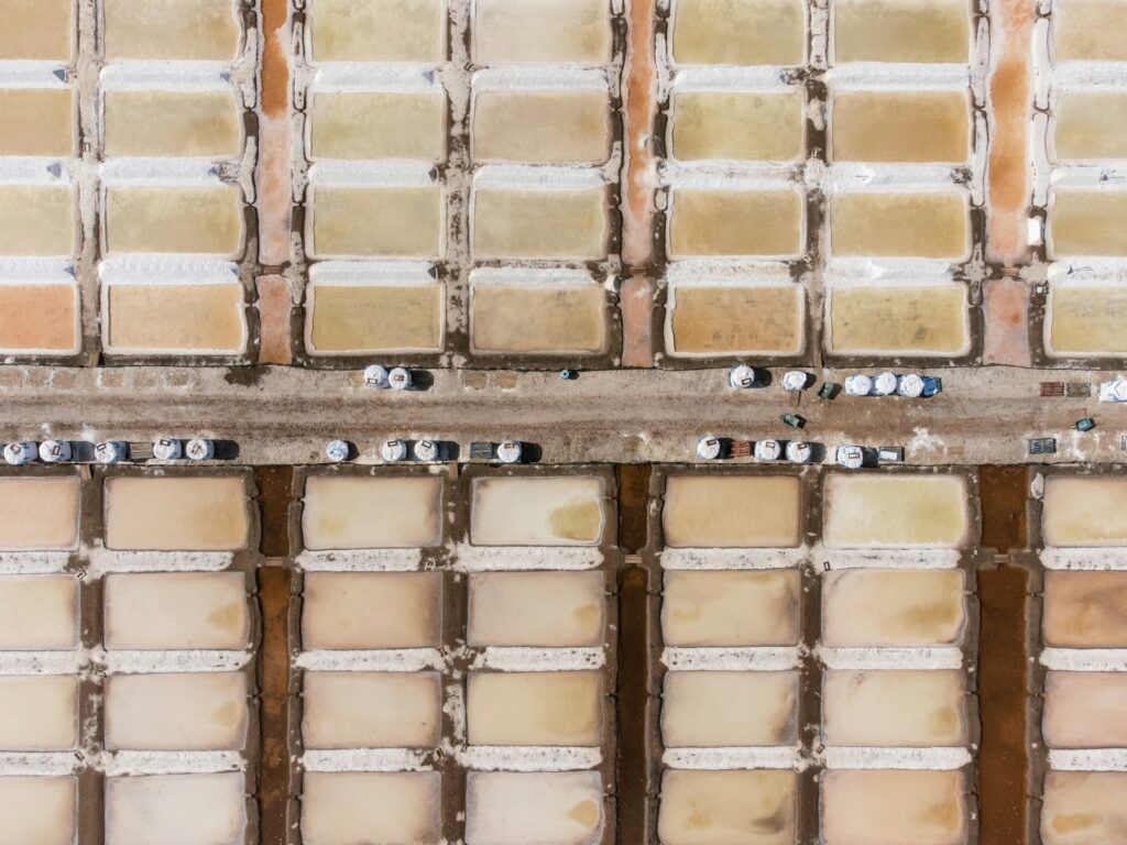 overhead view of salt pans in portugal. rectangular salt pools organized in neat rows and columns.